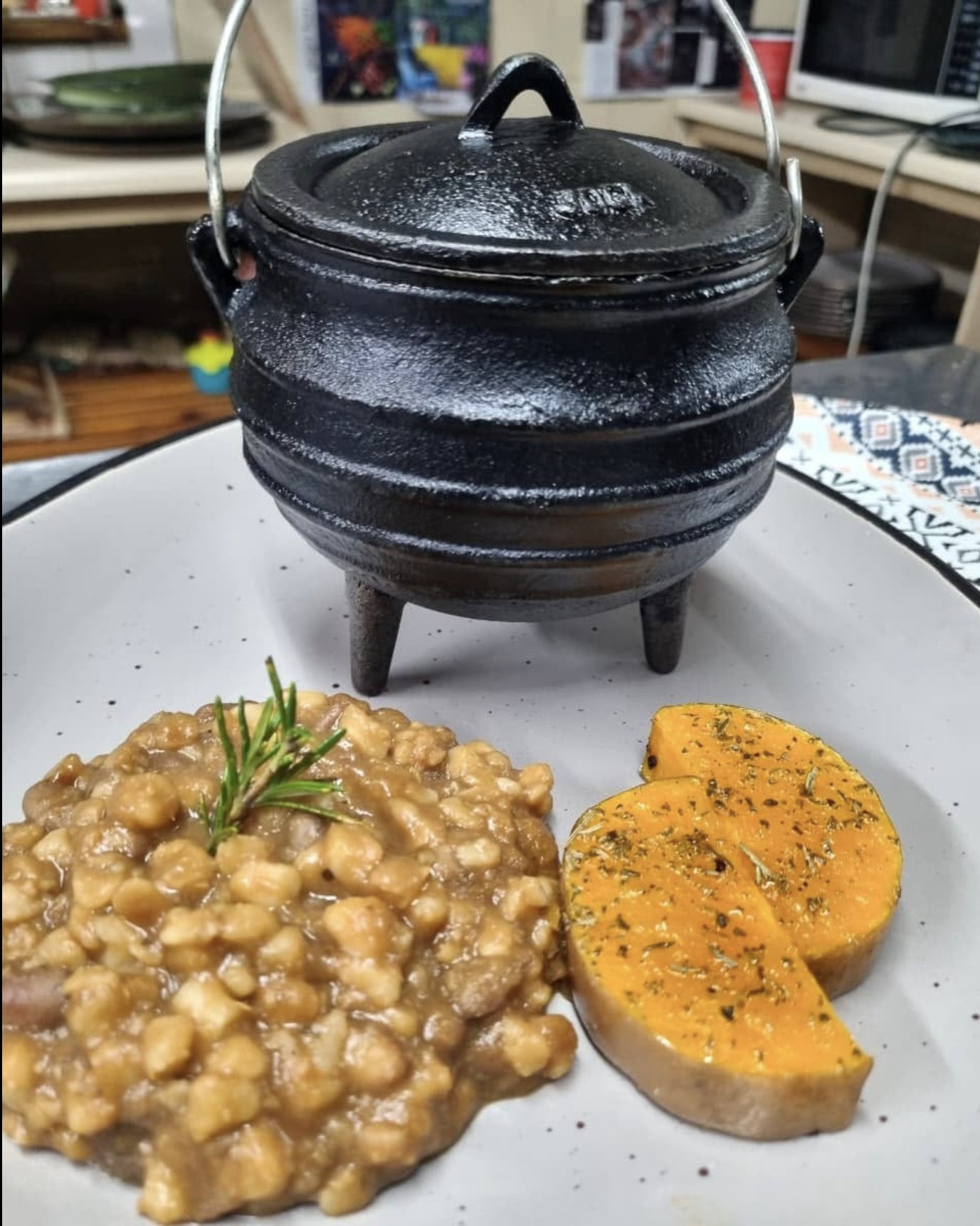 Umngqusho potjie with samp, beans and roasted butternut